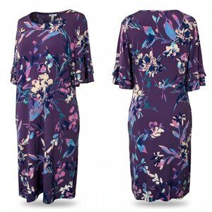 Chicos Purple Floral Midi Dress Ruffle Sleeve Stretch Size 1 Medium 8